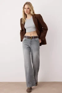 TRENDYOLMİLLA Gray High Waist comfort Wide Leg Palazzo Pants jeans - Image 2