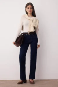 TRENDYOLMİLLA Dark Blue Regular Waist Plain Hem Middle Flexible Straight jeans