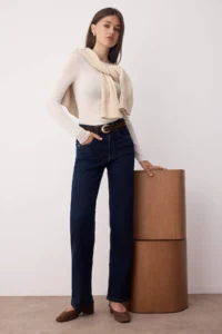 TRENDYOLMİLLA Dark Blue Regular Waist Plain Hem Middle Flexible Straight jeans - Image 2