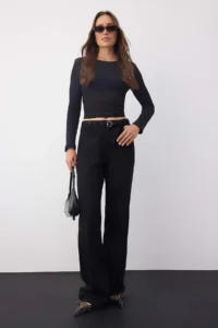 TRENDYOLMİLLA Wardrobe Essentials Black High Waist Bird Eye Detailed Arched Wide Leg Palazzo Pants jeans