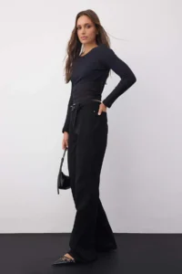 TRENDYOLMİLLA Wardrobe Essentials Black High Waist Bird Eye Detailed Arched Wide Leg Palazzo Pants jeans - Image 2