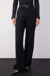 TRENDYOLMİLLA Wardrobe Essentials Black High Waist Bird Eye Detailed Arched Wide Leg Palazzo Pants jeans - Image 3