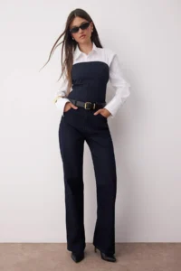 TRENDYOLMİLLA Dark Blue jacquard Stripe Patterned High Waist comfort/Flexible Wide Leg jeans - Image 3
