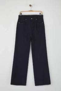 TRENDYOLMİLLA Dark Blue jacquard Stripe Patterned High Waist comfort/Flexible Wide Leg jeans - Image 5