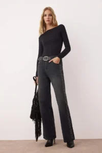 TRENDYOLMİLLA Black More Sustainable High Waist Accessory Detailed Wide Leg jeans - Image 2