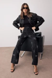 TRENDYOLMİLLA Black High Waist Stone Detailed Wide Leg Wide Leg jeans