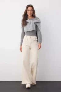 TRENDYOLMİLLA Wardrobe Essentials Ecru High Waist Pocket Detail comfort Flexible Wide Leg Palazzo Pants jeans - Image 2