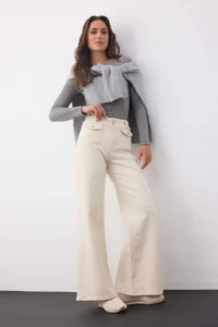 TRENDYOLMİLLA Wardrobe Essentials Ecru High Waist Pocket Detail comfort Flexible Wide Leg Palazzo Pants jeans - Image 3