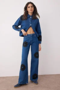 TRENDYOLMİLLA Mavi High Waist Floral Printed Wide Leg Palazzo Pants jeans