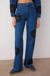 TRENDYOLMİLLA Mavi High Waist Floral Printed Wide Leg Palazzo Pants jeans - Image 3
