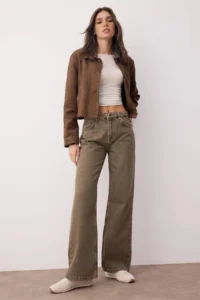 TRENDYOLMİLLA Khaki High Waist Vintage Washed Wide Leg Wide Leg 100% Cotton Non-Stretch jeans
