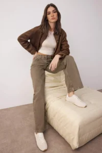 TRENDYOLMİLLA Khaki High Waist Vintage Washed Wide Leg Wide Leg 100% Cotton Non-Stretch jeans - Image 2