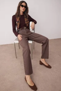 TRENDYOLMİLLA Brown Vintage Wash High Waist Plain Hem Straight 100% Cotton Non-Stretch jeans