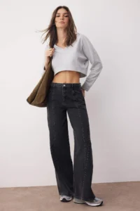 TRENDYOLMİLLA Black Regular Waist Stitching Detailed Wide Leg Wide Leg jeans