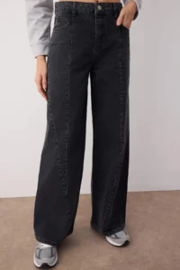 TRENDYOLMİLLA Black Regular Waist Stitching Detailed Wide Leg Wide Leg jeans - Image 3