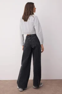 TRENDYOLMİLLA Black Regular Waist Stitching Detailed Wide Leg Wide Leg jeans - Image 4