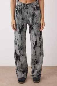 TRENDYOLMİLLA Gray Suede Look Flock Printed High Waist Wide Leg jeans
