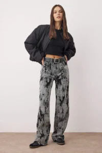 TRENDYOLMİLLA Gray Suede Look Flock Printed High Waist Wide Leg jeans - Image 2