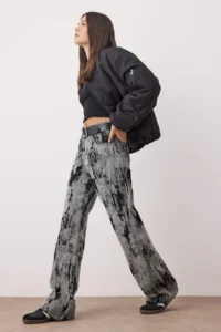 TRENDYOLMİLLA Gray Suede Look Flock Printed High Waist Wide Leg jeans - Image 3