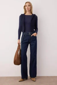 TRENDYOLMİLLA Dark Blue High Waist Belt Detailed Wide Leg Wide Leg 100% Cotton Non-Stretch jeans