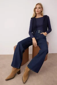 TRENDYOLMİLLA Dark Blue High Waist Belt Detailed Wide Leg Wide Leg 100% Cotton Non-Stretch jeans - Image 2
