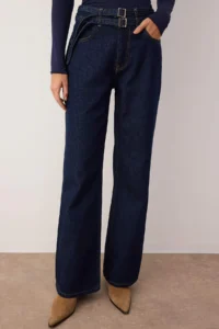 TRENDYOLMİLLA Dark Blue High Waist Belt Detailed Wide Leg Wide Leg 100% Cotton Non-Stretch jeans - Image 3