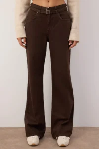 TRENDYOLMİLLA Brown High Waist Belt Detailed Wide Leg jeans - Image 3