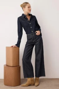 TRENDYOLMİLLA Dark Blue High Waist culotte Fit jeans