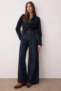 TRENDYOLMİLLA Dark Blue High Waist Rose Belt Detailed Wide Leg jeans