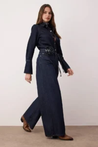 TRENDYOLMİLLA Dark Blue High Waist Rose Belt Detailed Wide Leg jeans - Image 2