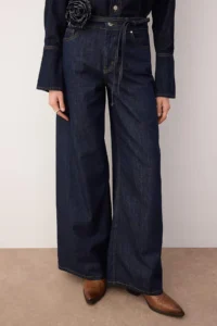 TRENDYOLMİLLA Dark Blue High Waist Rose Belt Detailed Wide Leg jeans - Image 3