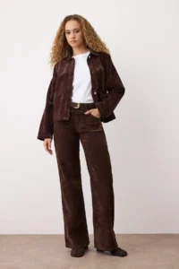 TRENDYOLMİLLA Brown Suede Look High Waist Wide Leg jeans