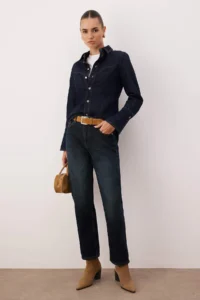 TRENDYOLMİLLA Dark Blue High Waist Straight/Plain Hem jeans