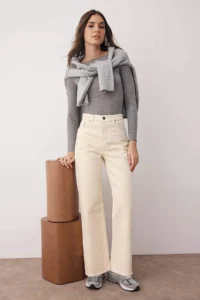 TRENDYOLMİLLA Ecru High Waist Bilek Size culotte 100% Cotton jeans - Image 2