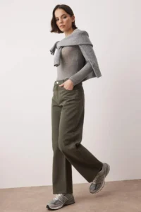 TRENDYOLMİLLA Khaki High Waist Bilek Size culotte 100% Cotton jeans - Image 2