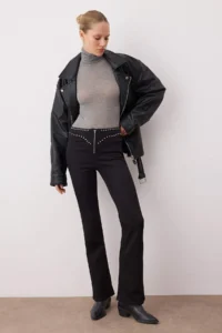 TRENDYOLMİLLA Black High Waist comfort/Flexible Waist Trok Detailed Flare flared leg jeans