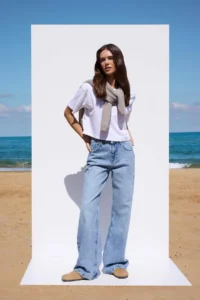 TRENDYOLMİLLA More Sustainable Blue Rejeneratif Cotton Regular Waist Wide Leg Palazzo Pants jeans