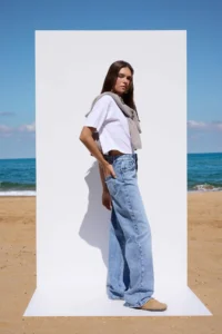 TRENDYOLMİLLA More Sustainable Blue Rejeneratif Cotton Regular Waist Wide Leg Palazzo Pants jeans - Image 2