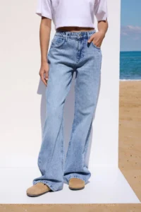 TRENDYOLMİLLA More Sustainable Blue Rejeneratif Cotton Regular Waist Wide Leg Palazzo Pants jeans - Image 3
