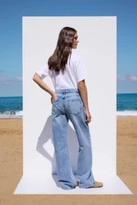 TRENDYOLMİLLA More Sustainable Blue Rejeneratif Cotton Regular Waist Wide Leg Palazzo Pants jeans - Image 4