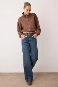 TRENDYOLMİLLA Dark Blue Regular Waist Stitching Detailed Wide Leg jeans - Image 2