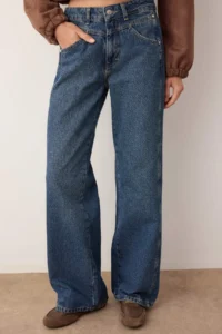 TRENDYOLMİLLA Dark Blue Regular Waist Stitching Detailed Wide Leg jeans - Image 3