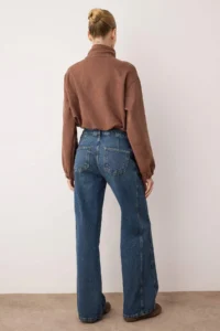 TRENDYOLMİLLA Dark Blue Regular Waist Stitching Detailed Wide Leg jeans - Image 4