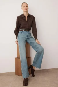 TRENDYOLMİLLA Mavi Vintage Wash High Waist Wide Leg Wide Leg 100% Cotton Non-Stretch jeans
