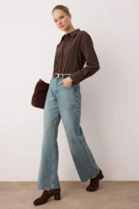 TRENDYOLMİLLA Mavi Vintage Wash High Waist Wide Leg Wide Leg 100% Cotton Non-Stretch jeans - Image 2