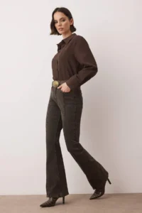 TRENDYOLMİLLA Brown High Waist comfort/Flexible Flare jeans with stitching detail - Image 2