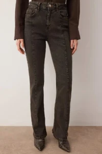 TRENDYOLMİLLA Brown High Waist comfort/Flexible Flare jeans with stitching detail - Image 3