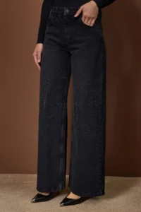 TRENDYOLMİLLA Black Stone Detailed Regular Waist Wide Leg jeans - Image 3