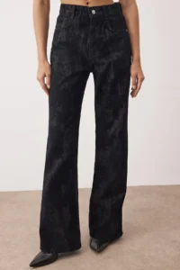 TRENDYOLMİLLA Black Black Suede Look Flock Printed High Waist Wide Leg jeans High Waist jeans - Image 3