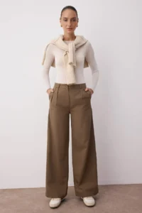 TRENDYOLMİLLA Brown Thin Flowy Soft Touch 100% Cotton Wide Leg/Wide Leg Pants - Image 2